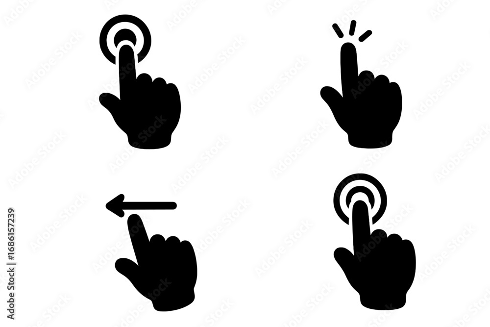 Poster hand gestures silhouette icon set. vector collection of touch, click, tap, and swipe actions. finger