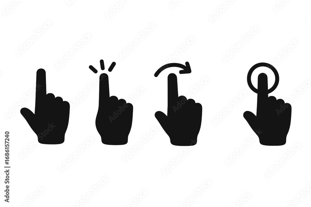Poster hand gestures silhouette icon set. finger tapping, clicking, and swiping for touch screen interface.