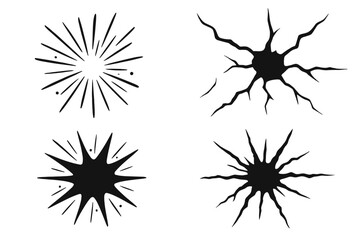 Set of black starburst and crack hole designs. Abstract explosion and sunburst shapes for comics. Cartoon vector impact, bang, and smash effects. Hand drawn graphic elements.