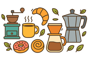 Coffee brewing tools and breakfast pastry set. Moka pot, grinder, pour over, croissant, donut. Vector cartoon illustration icon collection for cafe menu or barista graphic.