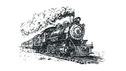Antique locomotive with billowing steam on train tracks, isolated on white. Vector hand drawn illustration
