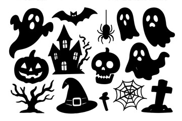 Set of black Halloween silhouettes. Collection of spooky graphic elements. Ghost, bat, pumpkin, haunted house, spider, skull, witch hat, gravestone. Vector icon pack.