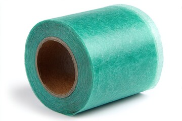 Teal fabric roll on cardboard core, isolated