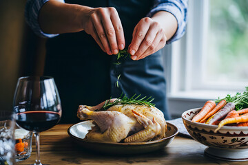 A chef in an apron preparing to roast a whole chicken, adding fresh rosemary to the dish on a wooden table