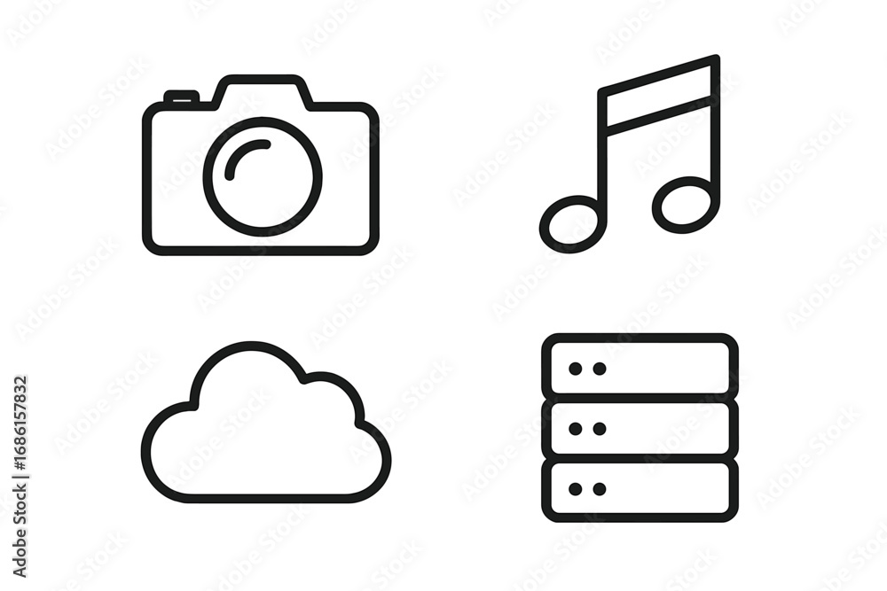 Poster multimedia icon set with camera, music note, cloud, and server symbols. vector outline collection fo