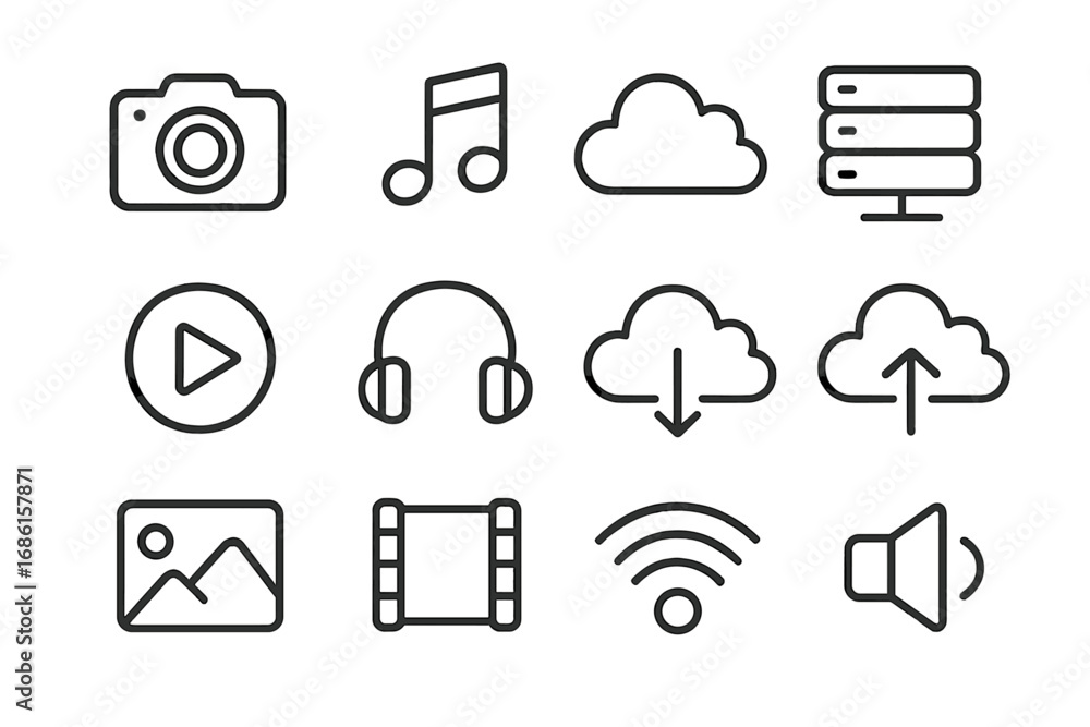 Poster multimedia line icon set. cloud computing, data storage, and web technology symbols. vector collecti