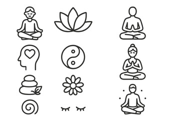 Meditation and yoga outline icon set. Mindfulness and zen spiritual symbols. Vector collection of line art for wellness, relaxation, balance, harmony and mental health.