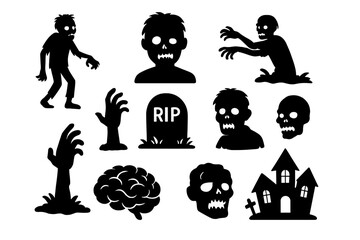 Fototapeta premium Halloween zombie silhouette icon set. Spooky horror collection of undead monsters, haunted house, grave, and skull. Creepy vector graphics for apocalypse or scary party themes.