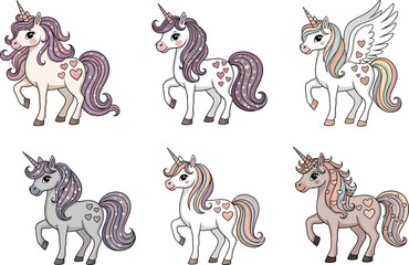 Beautiful cute unicorn cartoon collection with rainbow mane, fantasy magical horse character, fairytale pony illustration, children artwork, mystical creature design