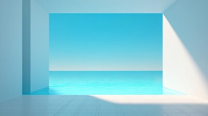 Fototapeta premium Bright minimalist poolside area with open ocean view and clear blue sky, modern outdoor space for relaxation and leisure