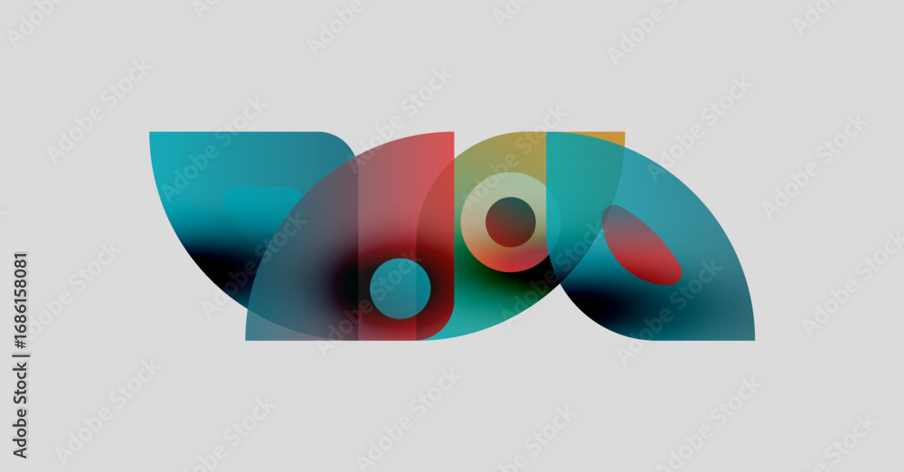Poster abstract colorful shapes overlap, creating dynamic visual composition. gradients blend blues, reds, 