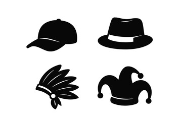 Black silhouette icon set of hats and headgear. Vector collection with baseball cap, classic fedora, Native American headdress, and jester hat for fashion or carnival concepts.