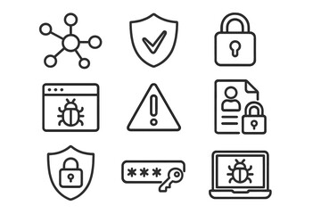 Cybersecurity line icon set. Concepts of network protection, data privacy, virus, malware alert, password authentication, and internet security. Vector outline symbols.
