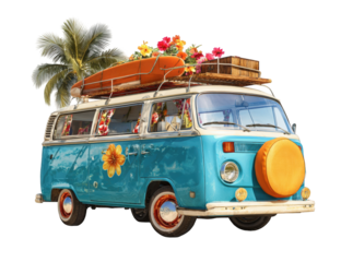 Retro van loaded with tropical gear