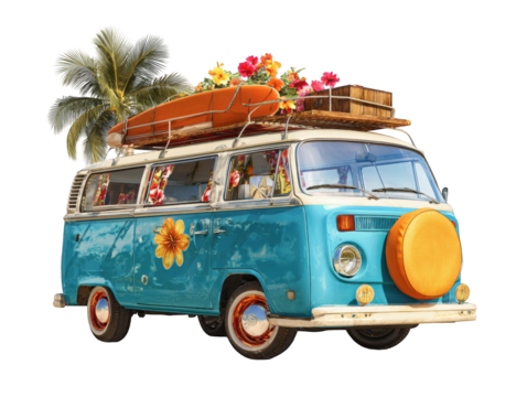 Retro van loaded with tropical gear