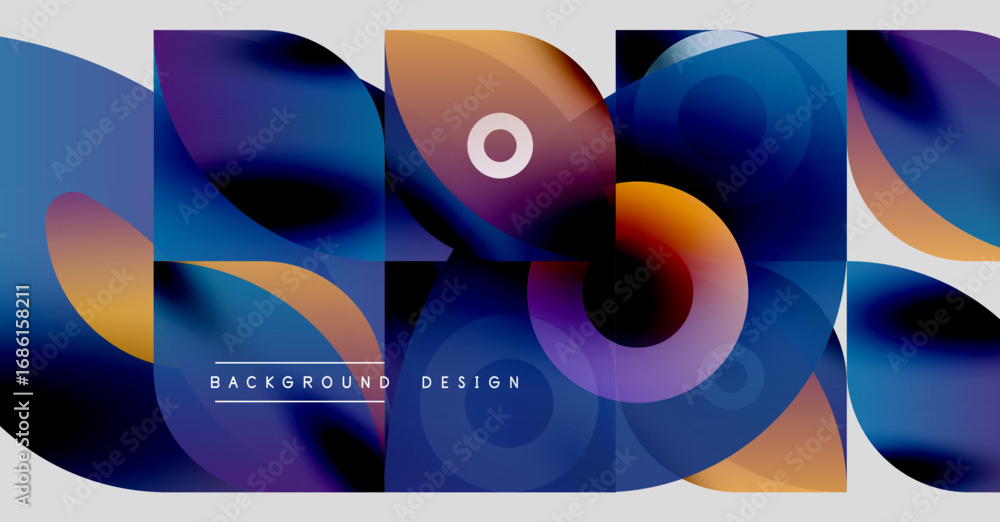Poster abstract colorful shapes overlap, creating dynamic visual effect. modern design features gradients, 