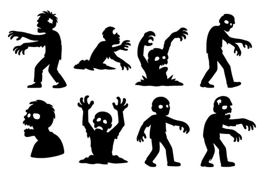 Zombie silhouette icon set for Halloween. Spooky walking dead monster collection. Horror character vector graphics. Undead ghoul apocalypse cartoon illustration for scary design.