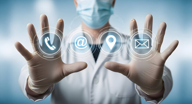 Doctor in mask using digital interface to connect with patients via phone email and location services for telehealth appointments.