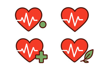 Heartbeat icon set representing health and wellness. EKG pulse line in a heart shape for cardiology and medical concepts. Vital signs vector illustration with plus and leaf.