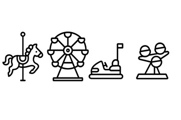 Carnival rides outline icon set. Simple linear vector illustration with carousel horse, ferris wheel, bumper car, and funfair ride. Amusement park entertainment symbols.