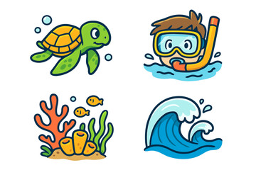 Cute marine life icon set. Snorkeling boy, sea turtle, coral reef, ocean wave. Vector cartoon illustration collection for kids. Underwater animal & nature elements. Playful aquatic sticker pack.