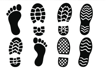 Set of black footprints and shoe prints. Collection of human foot and boot sole silhouettes. Vector icon of step impressions, tracks, and patterns for walking or forensic concepts.
