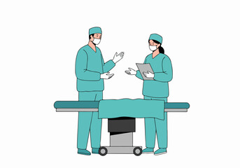 Medical professionals discussing patient with operating table