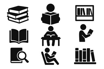 Library reading silhouette icon set. Books, study, and literature symbols. Education and learning concept collection. Reader, student, bookshelf, and knowledge vector icons.