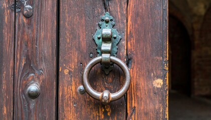 Fototapeta premium A weathered, antique door knocker adorns a dark, wooden door, showcasing the aged craftsmanship and rich tones of time.