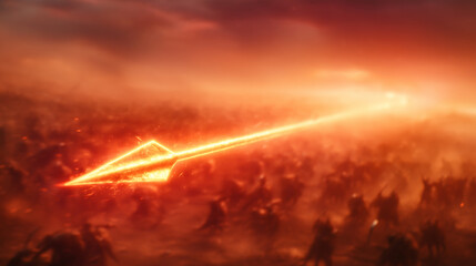 Magical glowing arrow of light flying over an epic battle