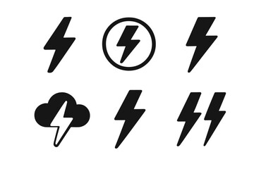 Lightning bolt vector icon set. Simple thunder flash silhouette symbol collection. Electric power energy charge sign. Black storm weather glyph pictogram for graphic design.