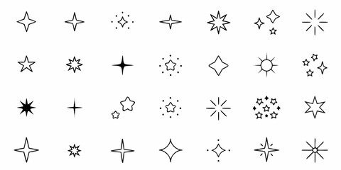 Collection of diverse black line art star and sparkle icons on a white background