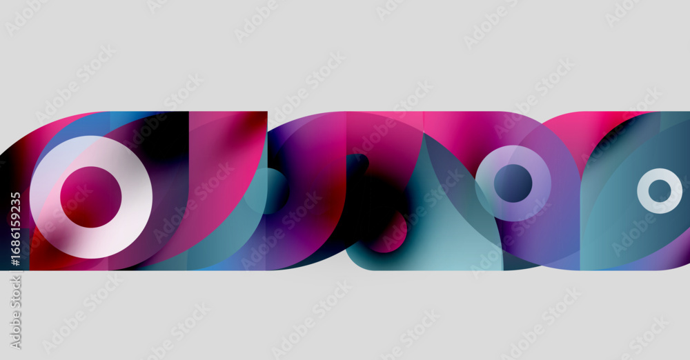 Poster abstract colorful shapes overlap, creating dynamic visual effect. circles, curves, gradients dominat