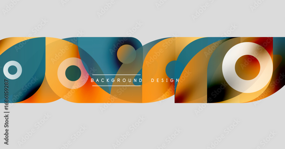 Poster abstract colorful shapes overlap, creating dynamic modern background. orange, blue, teal hues domina