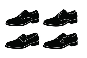 Elegant collection of men's formal dress shoe silhouettes. Classic footwear set includes oxford, loafer, and monk strap styles. Vector icon illustration for business fashion.