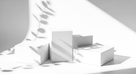 Minimalist White Composition with Geometric Shapes and Leafy Shadows for Product Display
