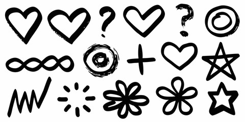 Collection of hand drawn black ink symbols and icons on a white background including hearts question marks stars and more