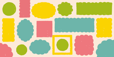 Colorful hand drawn shapes and frames in pastel colors on a light background
