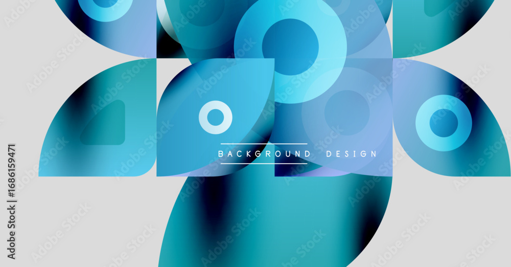 Poster abstract blue shapes overlap, creating modern design. gradient colors blend, forming dynamic visual 