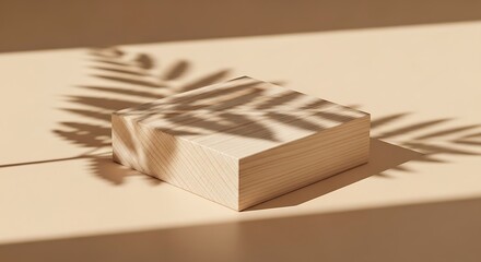 Minimalist wooden cube display with tropical leaf shadows on a beige surface