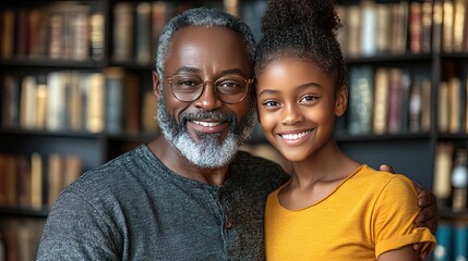 Fototapeta premium A heart-warming portrait of a happy grandfather and granddaughter together indoors in front of a