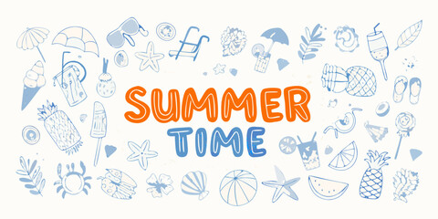 Summer time hand drawn doodle collection featuring beach and vacation elements