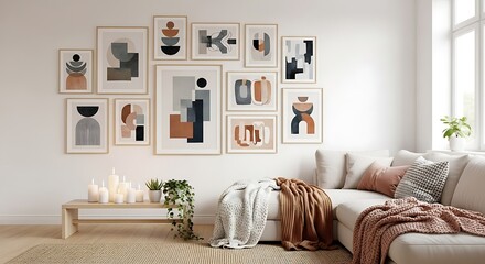 Modern Living Room with Abstract Art, Candles, and Cozy Blankets, Bright and Airy