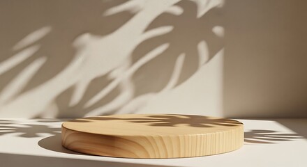 Natural Wooden Display Podium with Tropical Leaf Shadows