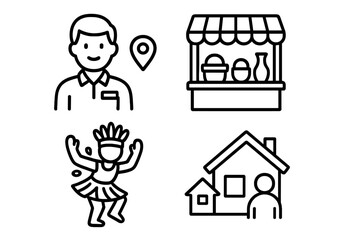 Community tourism outline icons. Vector set for sustainable travel concepts. Local guide, handicraft market, traditional dance, homestay, responsible tourism illustration.