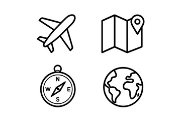 Travel and tourism line icon set with airplane, map, compass, and flat world globe icons collection, vector cartoon illustration with transparent background, ordered set 1
