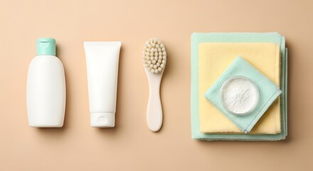 Pastel-Colored Spa Essentials Arranged on a Beige Background