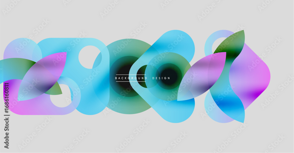Poster Abstract fluid shapes overlap, creating vibrant color gradients. Soft pinks, blues, greens blend seamlessly on light gray backdrop. Modern design element.