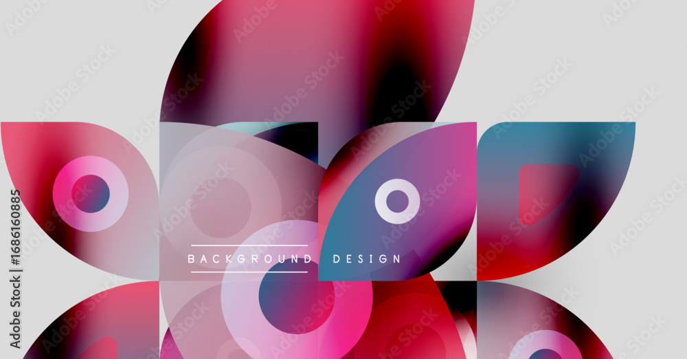 Poster abstract geometric shapes overlap. vivid pinks, blues create dynamic composition. modern design elem