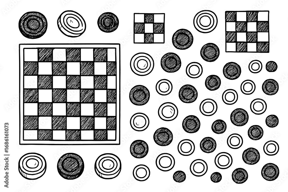 Poster hand drawn checkers and draughts game elements set. doodle sketch vector illustration of a checkerbo